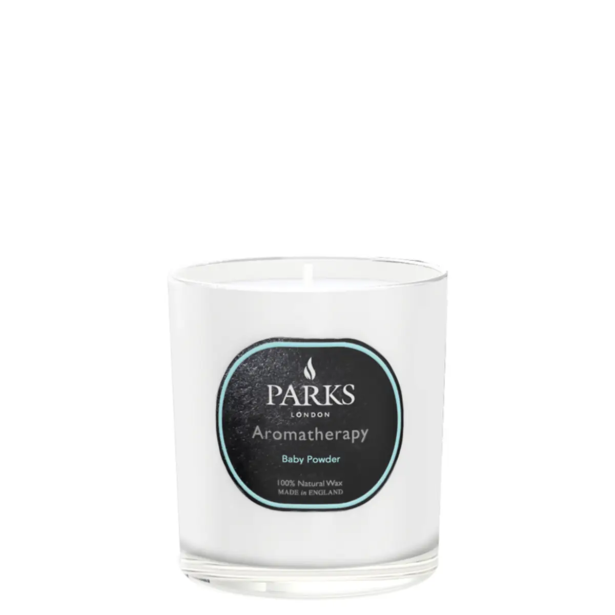A white glass candle with a label that reads 'PARKS Aromatherapy Baby Powder' with a weight indication of 220g.