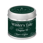 Candle tin labeled 'Winter's Tale Chapter III' by Parks on a white background