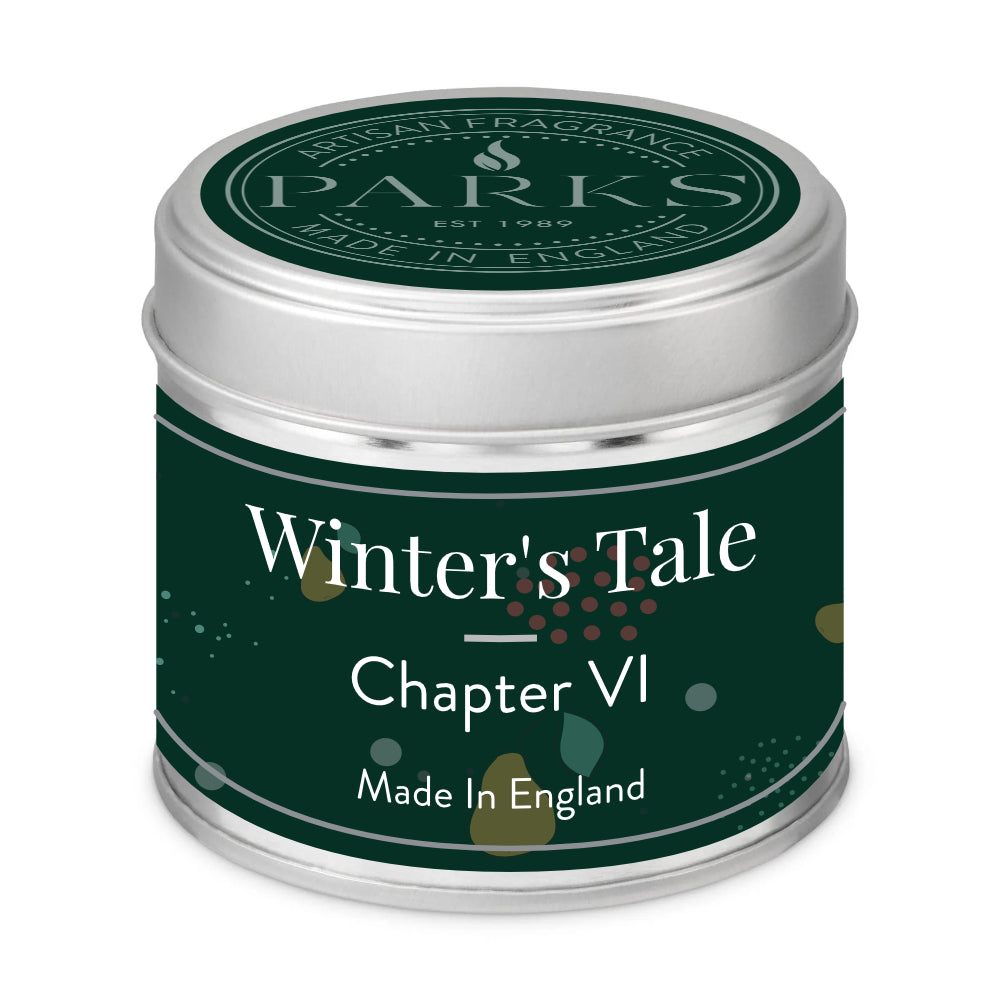 Candle tin labeled 'Winter's Tale Chapter VI' by Parks on a white background