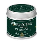 Candle tin labeled 'Winter's Tale Chapter VI' by Parks on a white background