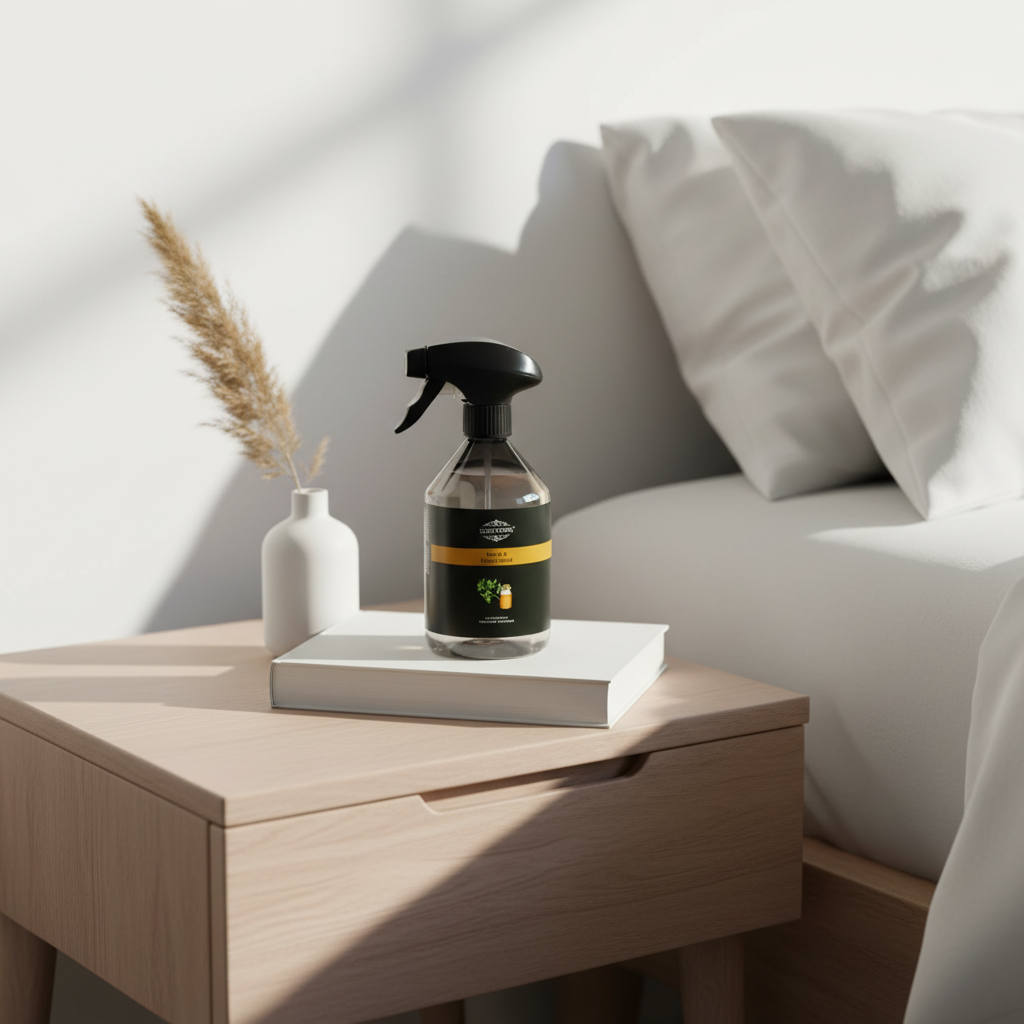 A clear spray bottle with a black trigger sprayer and a black-and-yellow label sits on a white book on a light wood bedside table. A small white vase with dried grass is beside it, and a white bed with pillows is in the background.