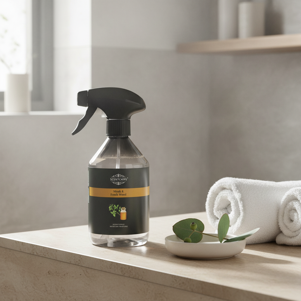 A clear spray bottle of Nature's Way Foot & Skin Cleanser with a black trigger sprayer and black label, set on a light stone countertop next to rolled white towels and a small dish with green leaves, in a softly lit bathroom setting.