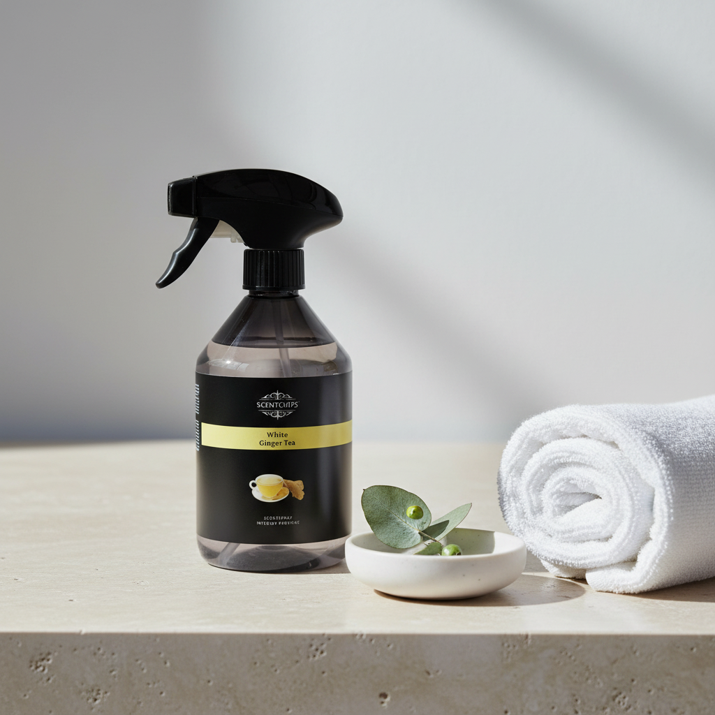 A bottle of Wickedly Wicked Soap & Wash cleaner in Ginger Tea scent, styled on a stone surface next to a rolled white towel and a small dish of eucalyptus leaves.