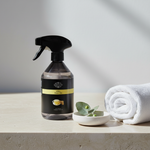 A bottle of Wickedly Wicked Soap & Wash cleaner in Ginger Tea scent, styled on a stone surface next to a rolled white towel and a small dish of eucalyptus leaves.