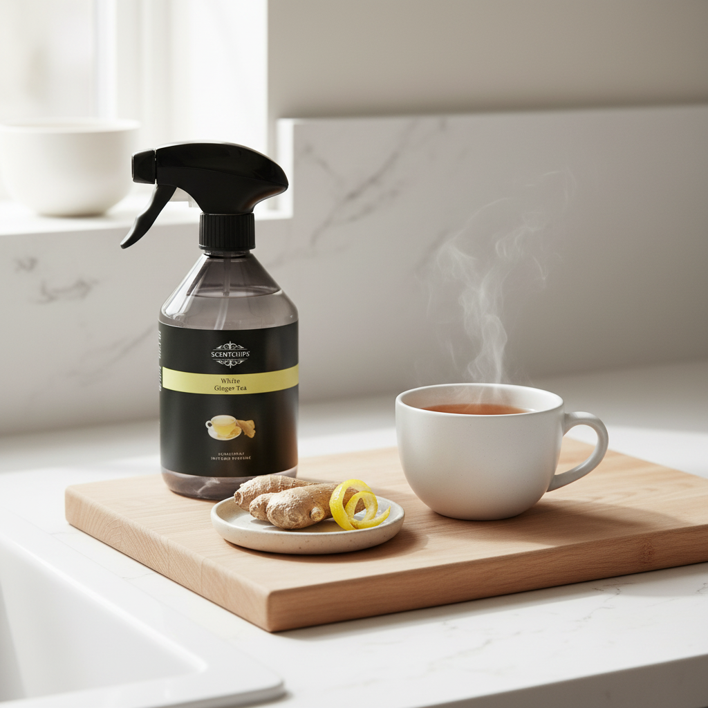 A bottle of Ginger Brew cleansing spray stands on a wooden cutting board beside a white mug of steaming tea and ginger slices in a bright kitchen setting.