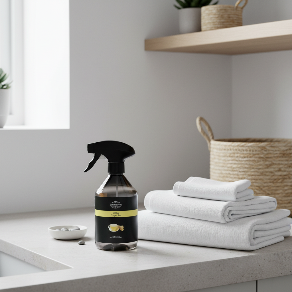 A dark spray bottle of Citrus Clean cleaning solution sits on a light gray countertop next to a stack of three folded white towels, with a woven basket and wooden shelf in the background.