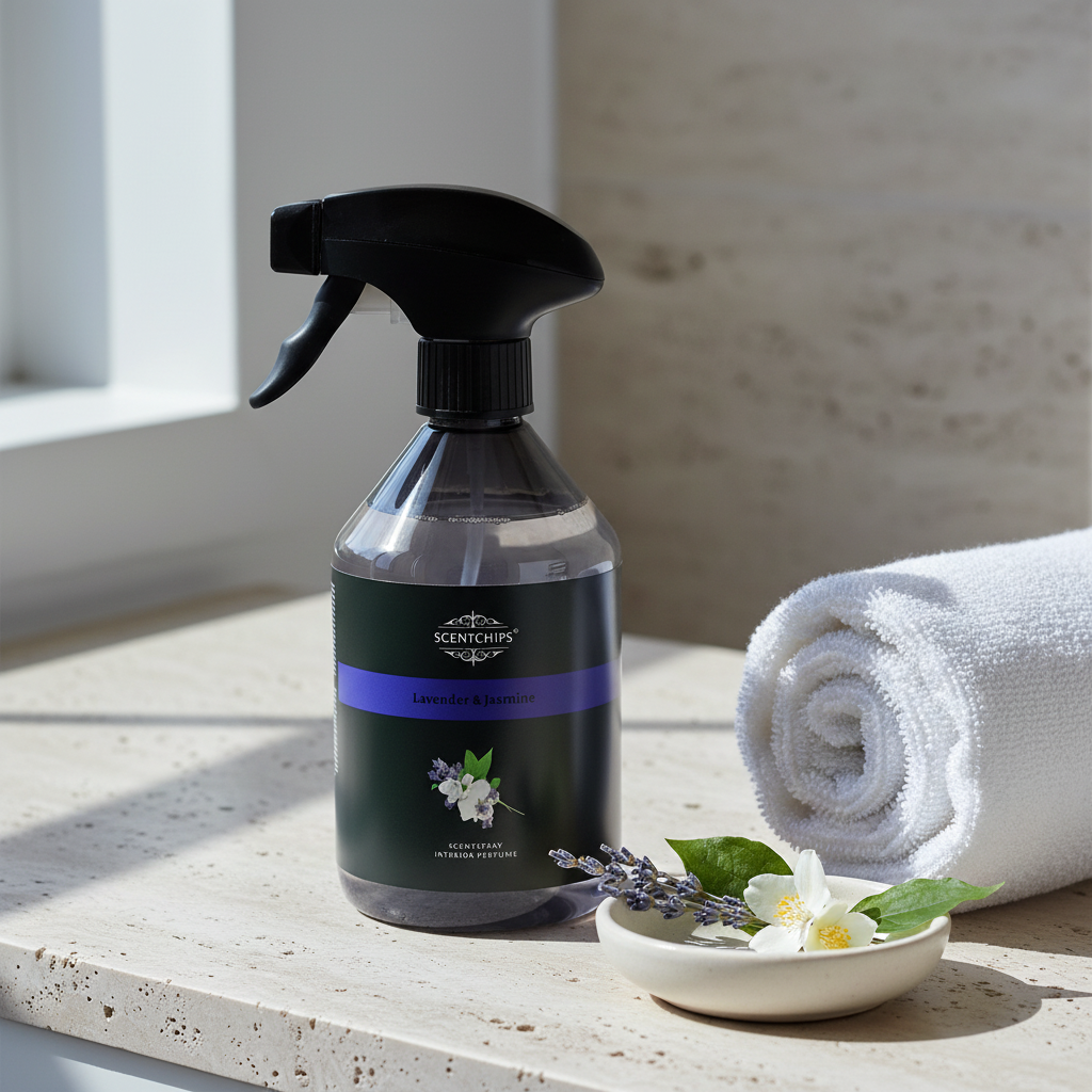 A bottle of Scrutneys Lavender & Jasmine cleaning spray stands on a light stone surface beside a rolled white towel and a small dish with lavender and white flowers. The scene is lit by natural sunlight with soft shadows.