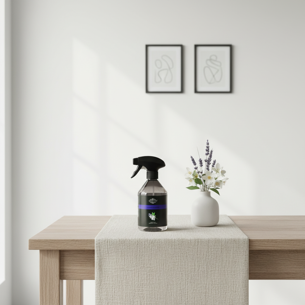 A dark glass spray bottle with a black trigger sprayer and a purple label sits on a light wood table runner next to a small white vase with white and purple flowers. The background is a clean white wall with two minimalist black-framed art prints.
