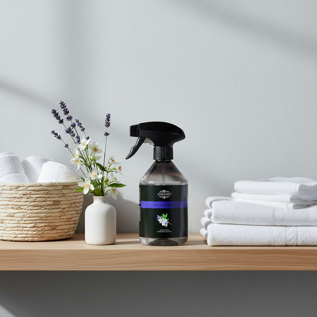 A spray bottle of cleaning product with a black trigger sprayer and dark label stands on a wooden shelf beside a woven basket, a small white vase with flowers, and folded white towels against a light gray wall.