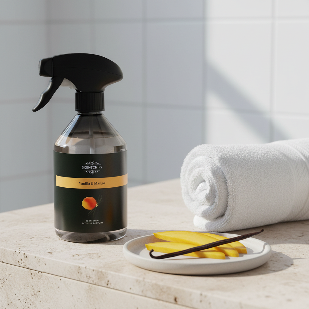 A bottle of Clorox Vanilla & Mango cleaning spray stands on a stone countertop beside a rolled white towel and a small plate with vanilla beans, against a tiled wall.