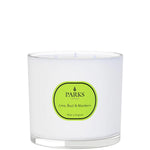 A white, glass candle with a green label that reads 'PARKS Lime, Basil & Mandarin'. The candle is unlit and appears to be a large 650g size with three wicks.