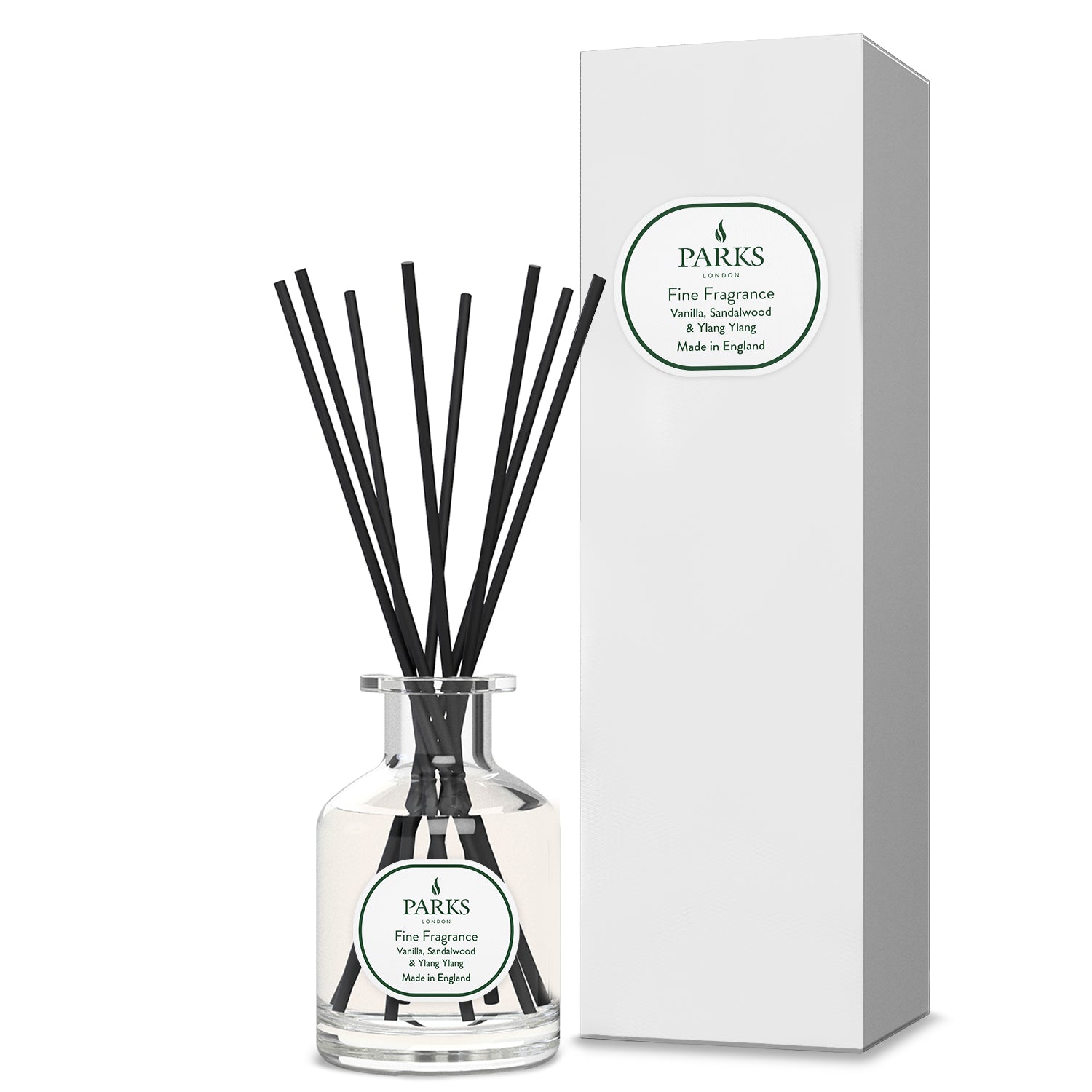 A clear glass diffuser bottle with black reeds and a white label, alongside a matching white box, both featuring the text 'PARKS' and 'Fine Fragrance'.