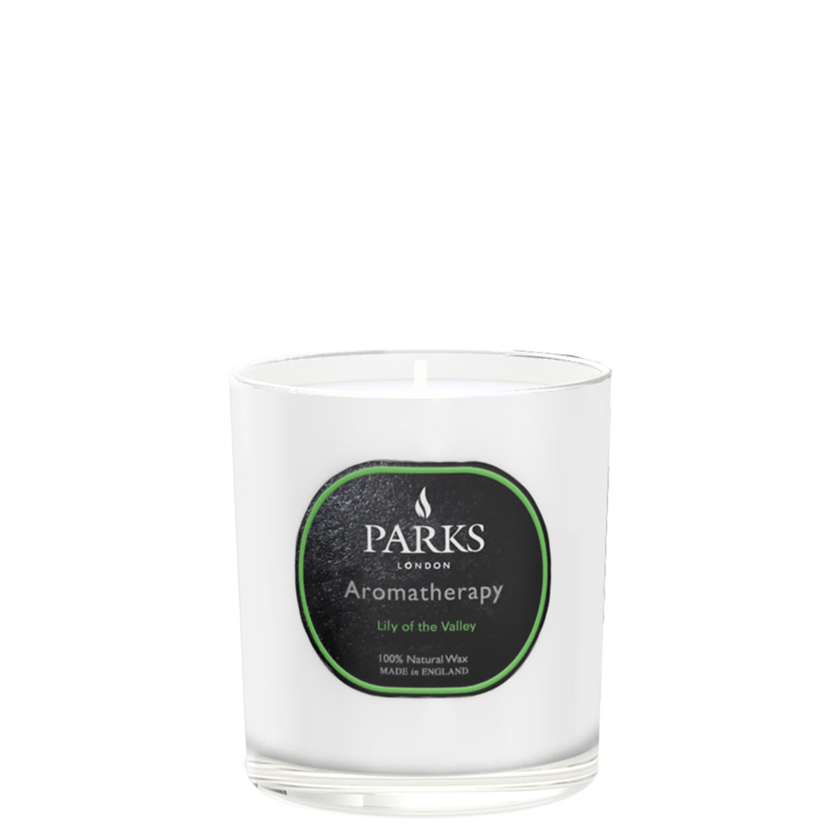 A white glass candle jar with a label that reads 'PARKS Aromatherapy', indicating the fragrance as 'LILY OF THE VALLEY' and the size as '220g'.