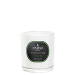 A white glass candle jar with a label that reads 'PARKS Aromatherapy', indicating the fragrance as 'LILY OF THE VALLEY' and the size as '220g'.