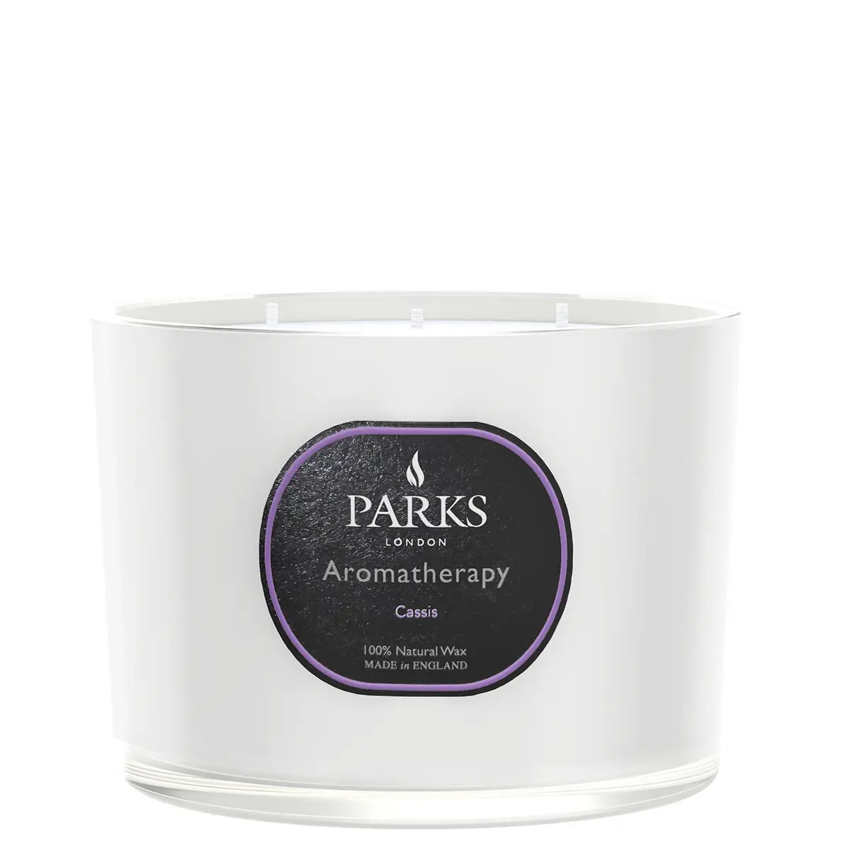 A white, glass vessel candle with the label 'PARKS Aromatherapy Cassis'. The candle is part of the Aromatherapy collection and appears to be made from natural wax.
