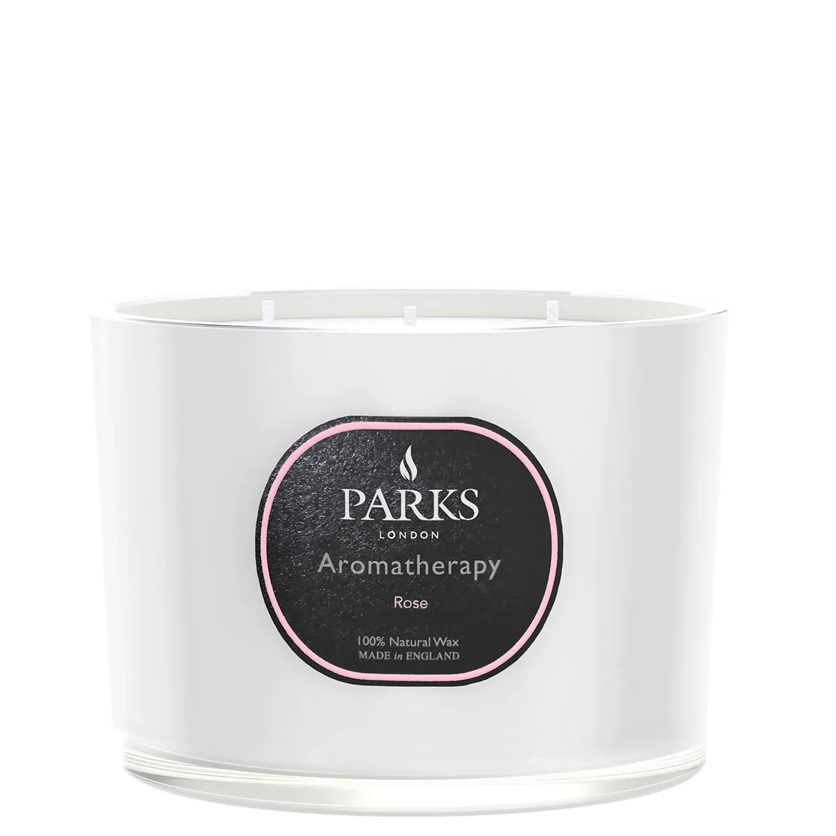 A white, glass vessel candle with the label 'PARKS Aromatherapy Rose' on the front.