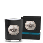 A black candle with a silver label that reads 'PARKS LONDON Dark Rose', alongside its black box packaging with a matching design.