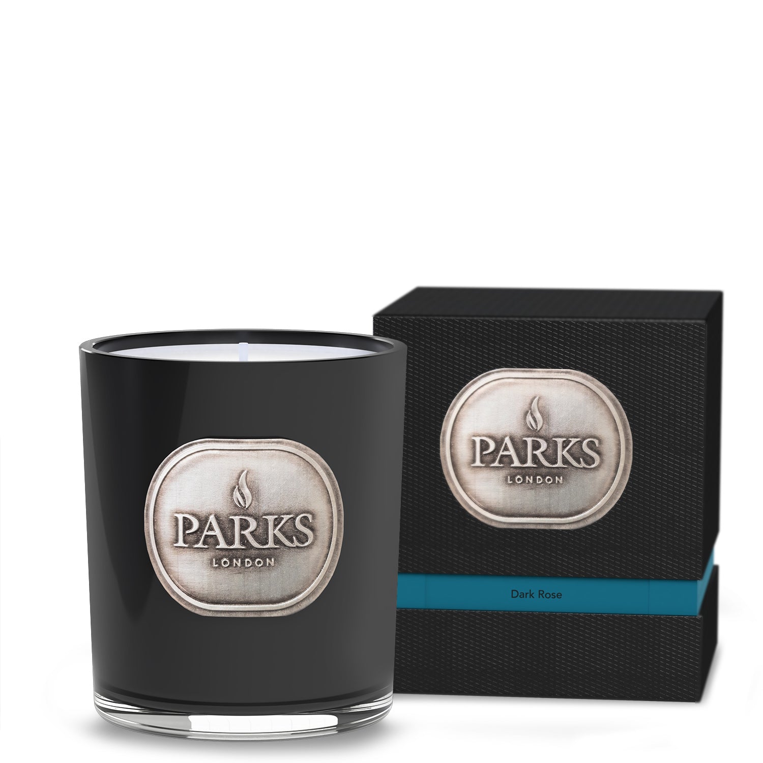 A black candle with a silver label that reads 'PARKS LONDON Dark Rose', alongside its black box packaging with a matching design.