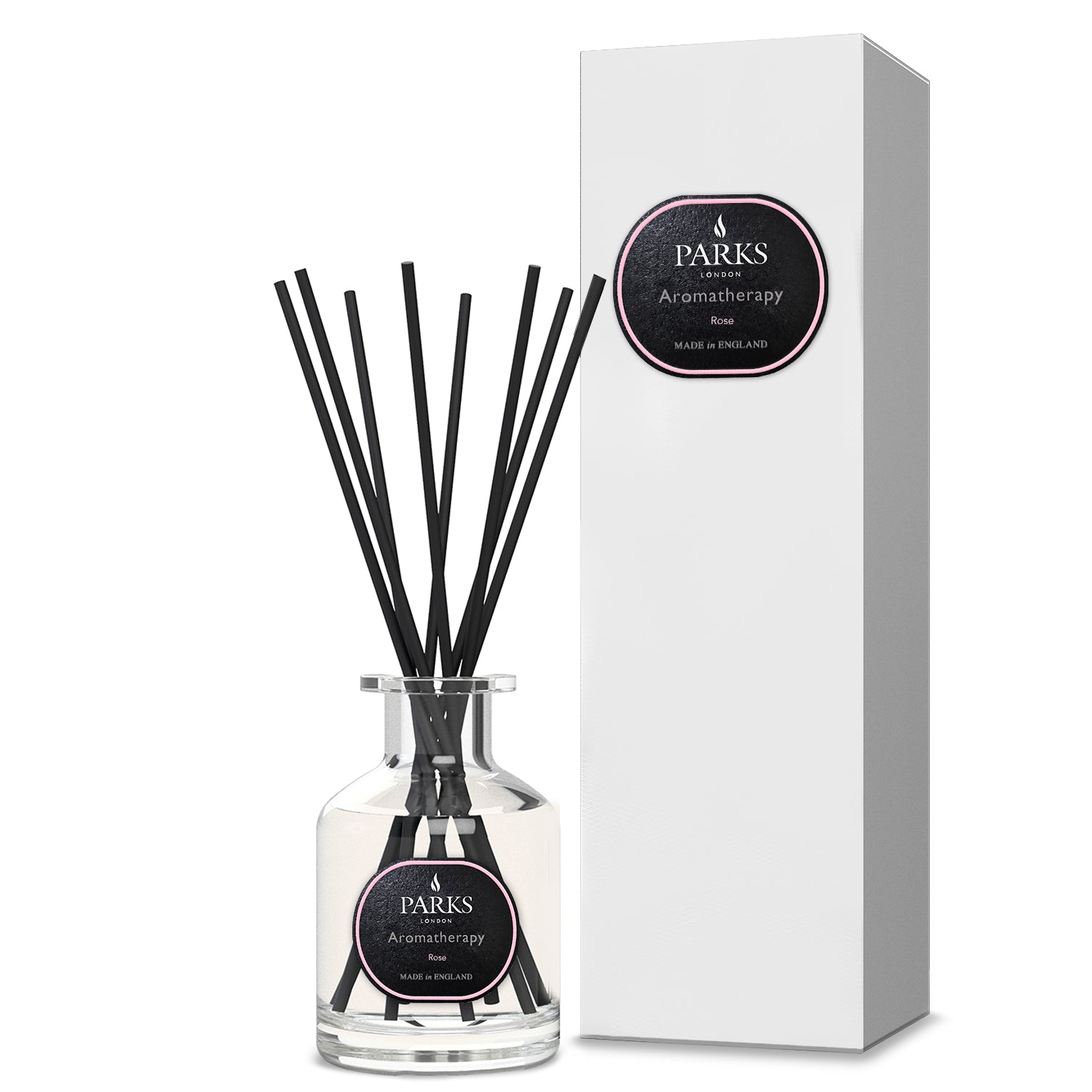 Parks Aromatherapy diffuser with black sticks and white packaging on a white background