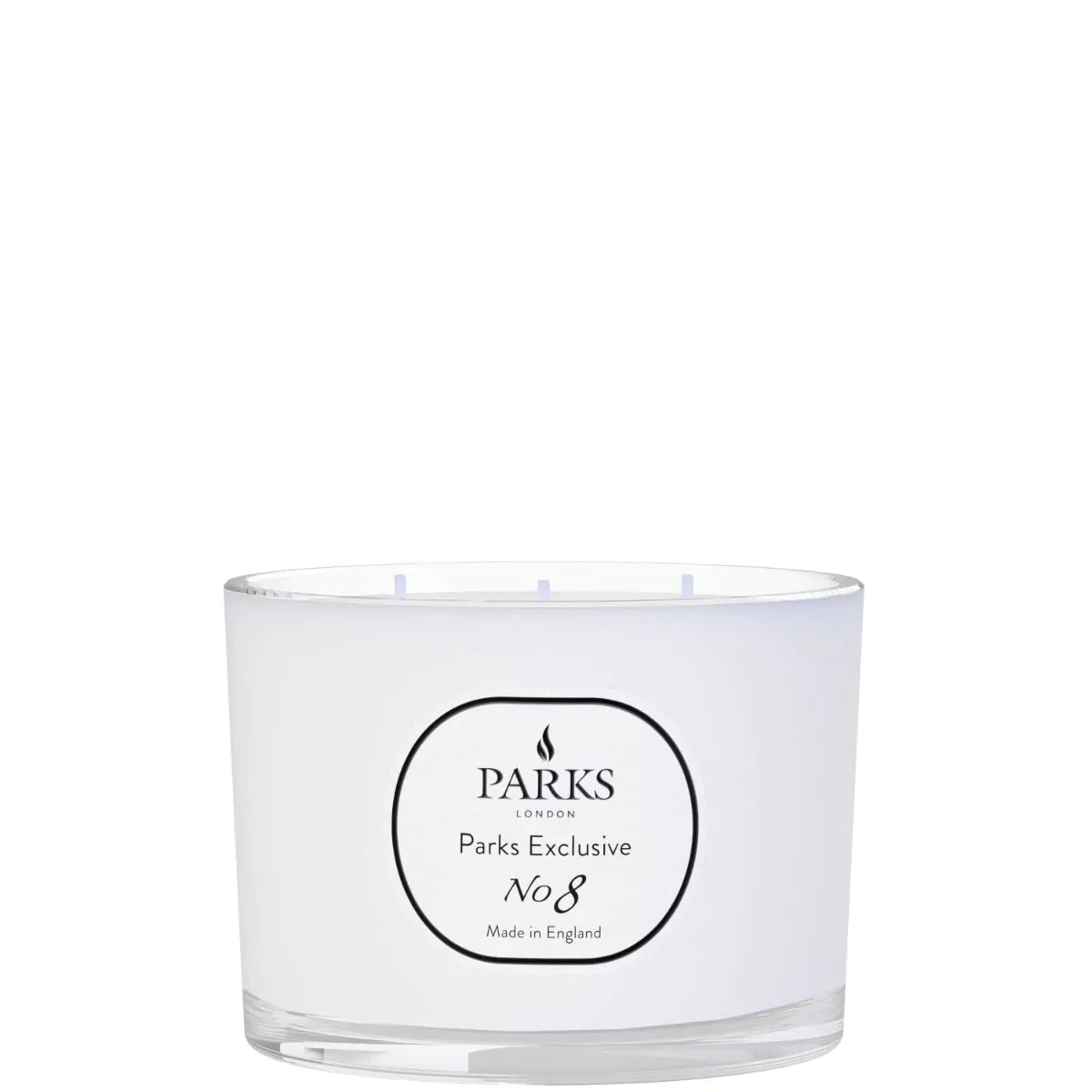 A white, round 3-wick candle with a label that reads 'PARKS Exclusive No8'.
