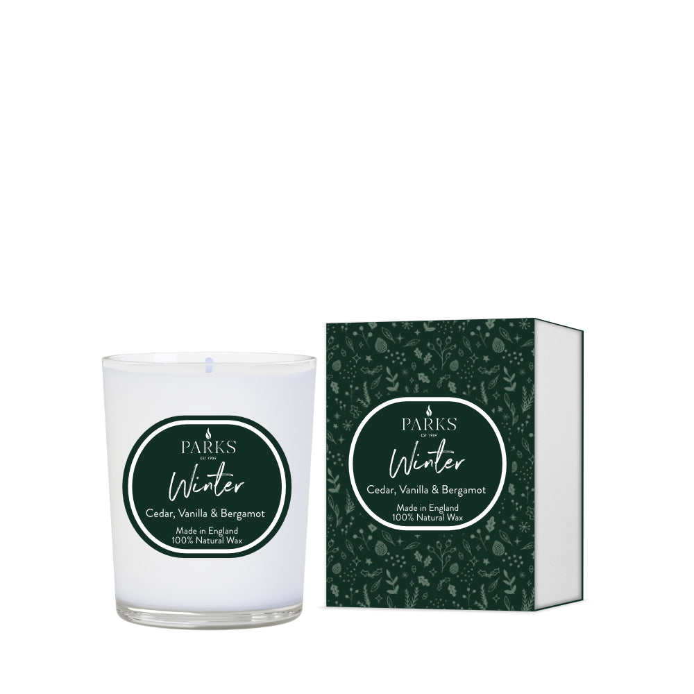 Parks candle and packaging with 'Winter' scent on a white background