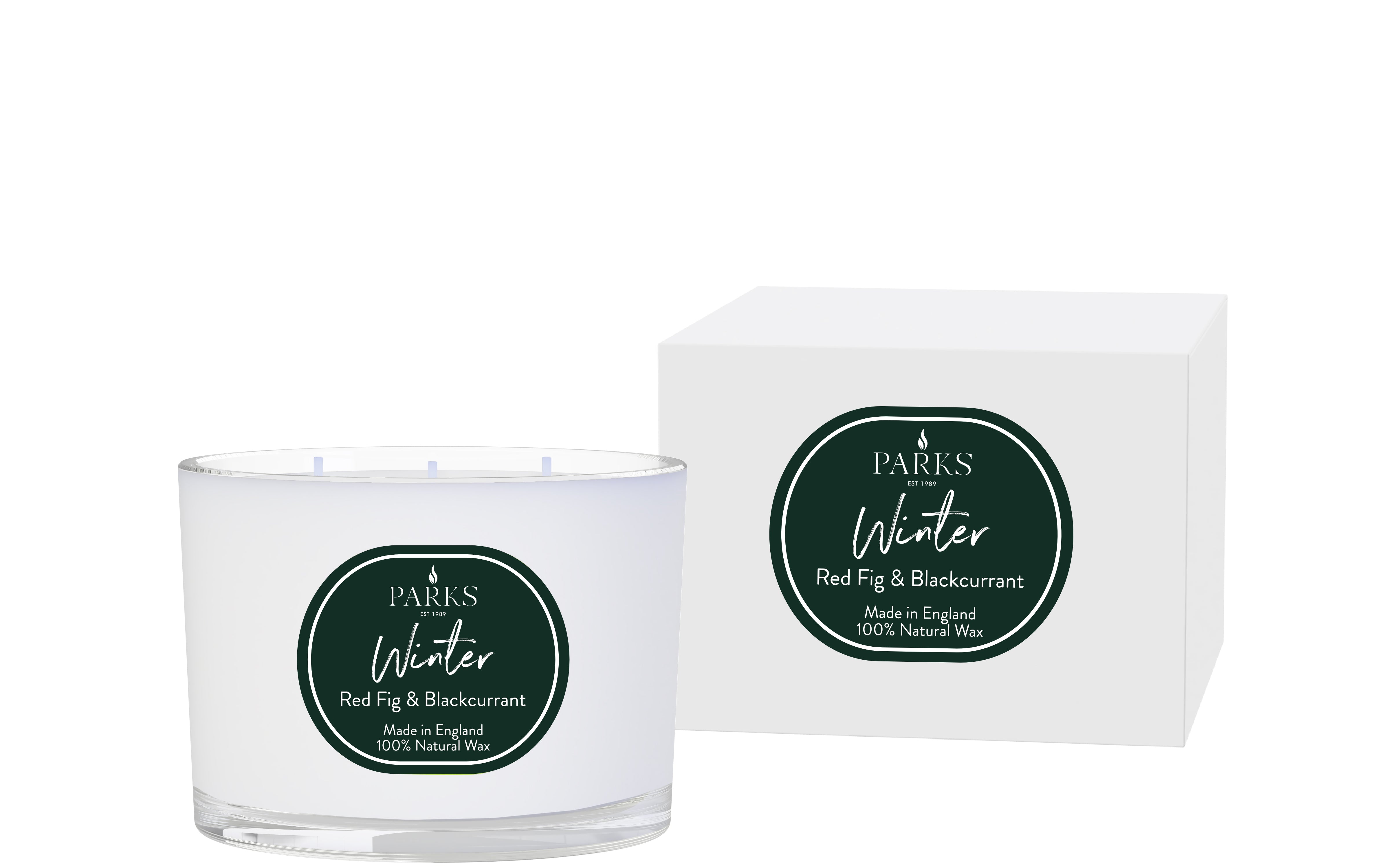 Parks candle and packaging with 'Winter' label on a white background