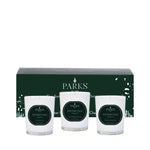 Three candles labeled 'Winter's Tale' by Parks on a white background with a green box in the background.