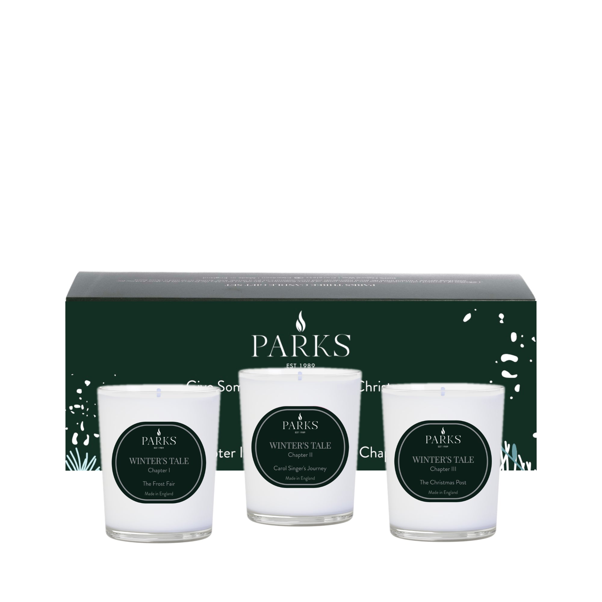Three candles labeled 'Winter's Tale' by Parks on a white background with a green box in the background.