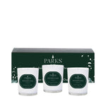 Three candles with 'Parks' branding on a white background
