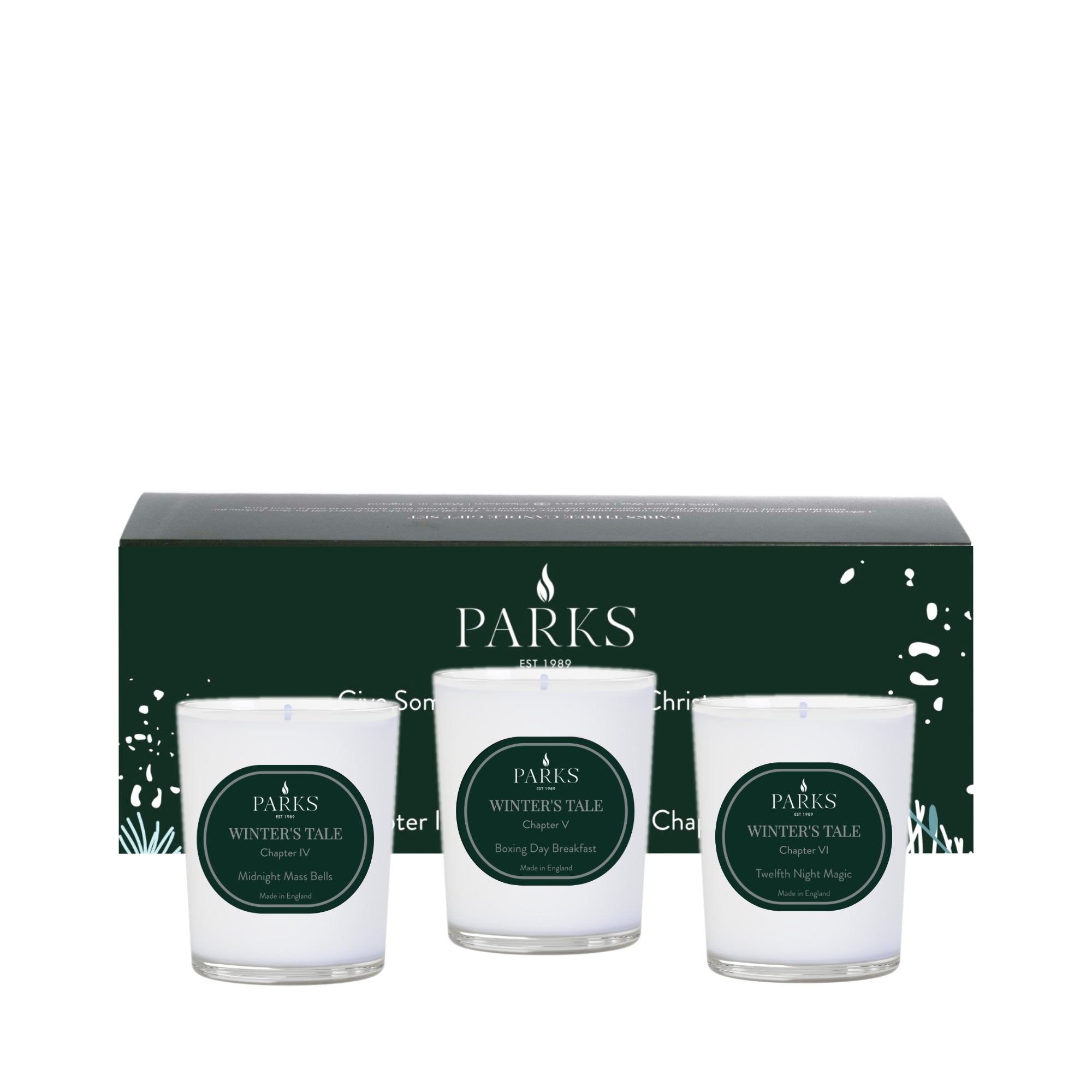 Three candles with 'Parks' branding on a white background