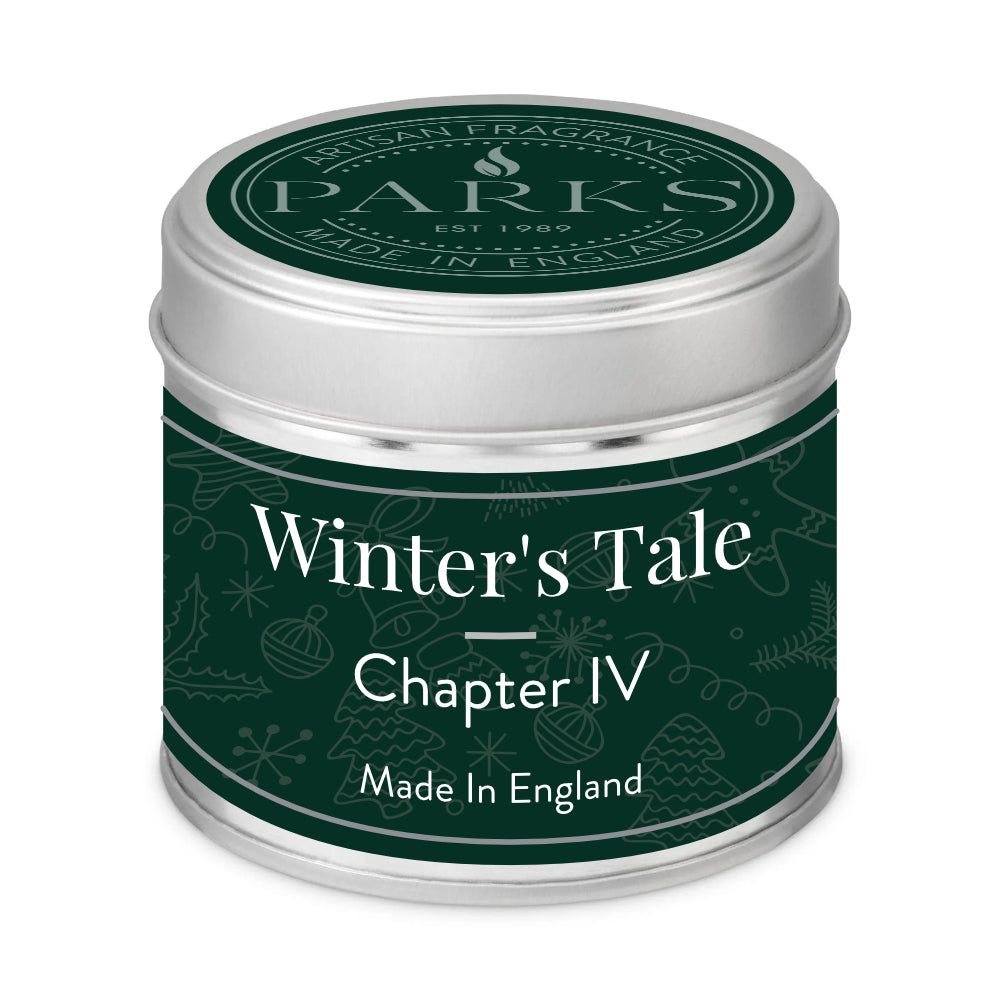 Candle tin labeled 'Winter's Tale Chapter IV' by Parks on a white background