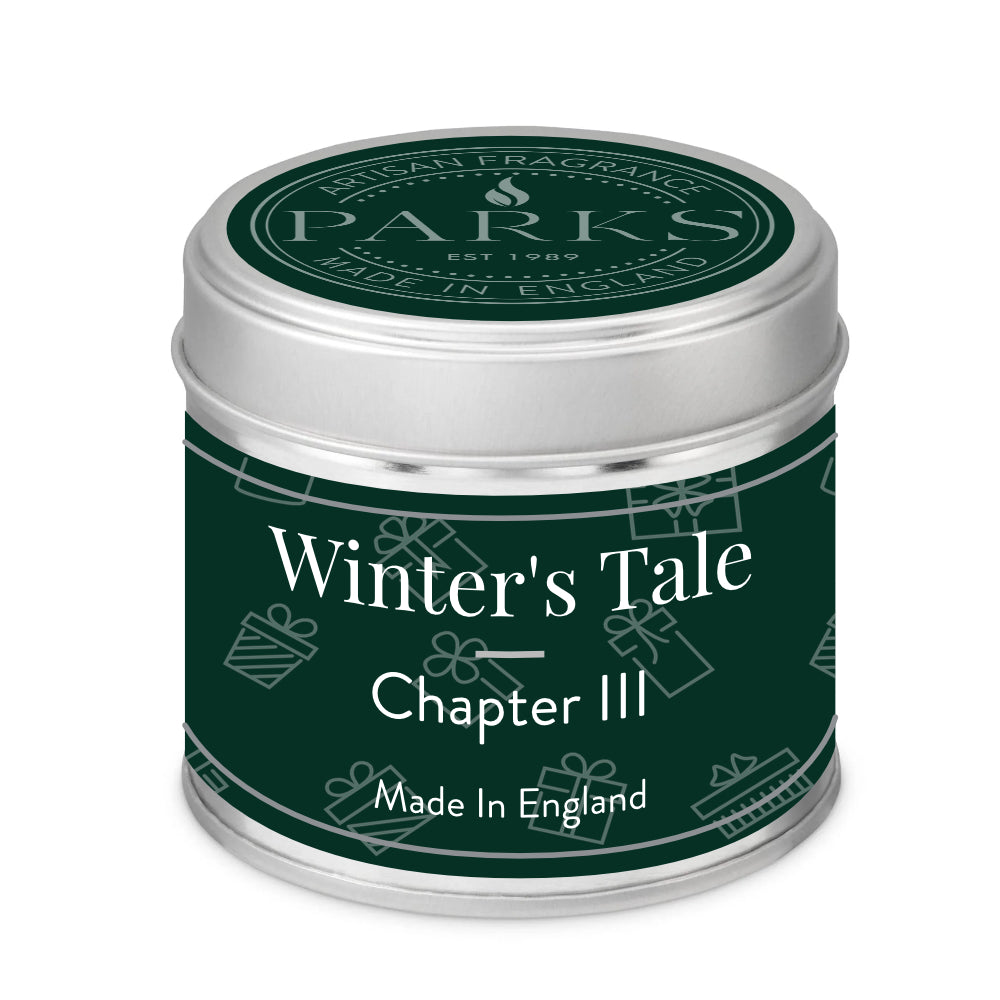 Candle tin labeled 'Winter's Tale Chapter III' by Parks on a white background