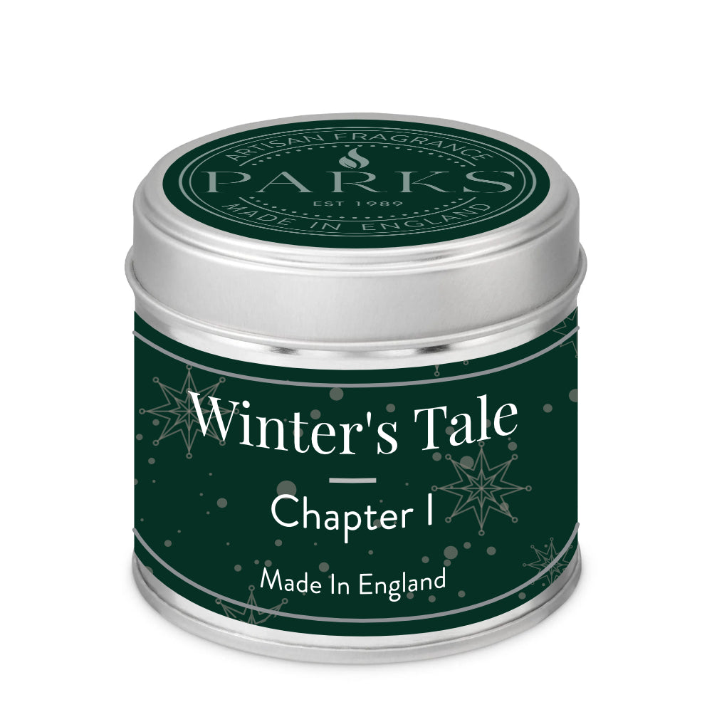 Candle tin labeled 'Winter's Tale Chapter I' by Parks on a white background
