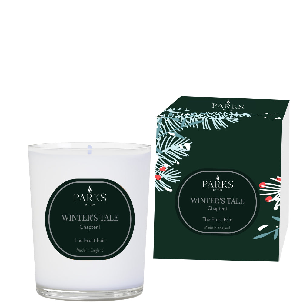 Parks candle and packaging with 'Winter's Tale' label on a white background