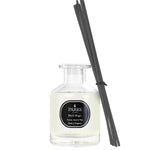 A clear glass diffuser bottle with black reeds, labeled 'PARKS Black Magic', indicating the fragrance as Vetiver, Basil & Mint.