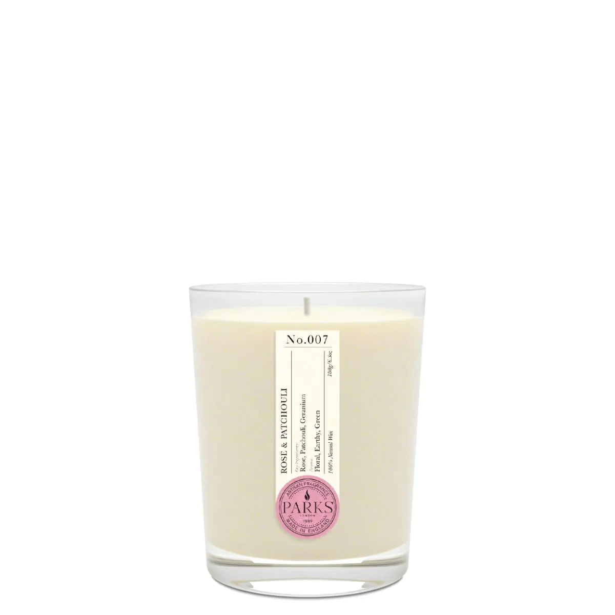 A single-wick scented candle in an elegant glass vessel, labeled with 'No. 180' and the brand 'PARKS'.